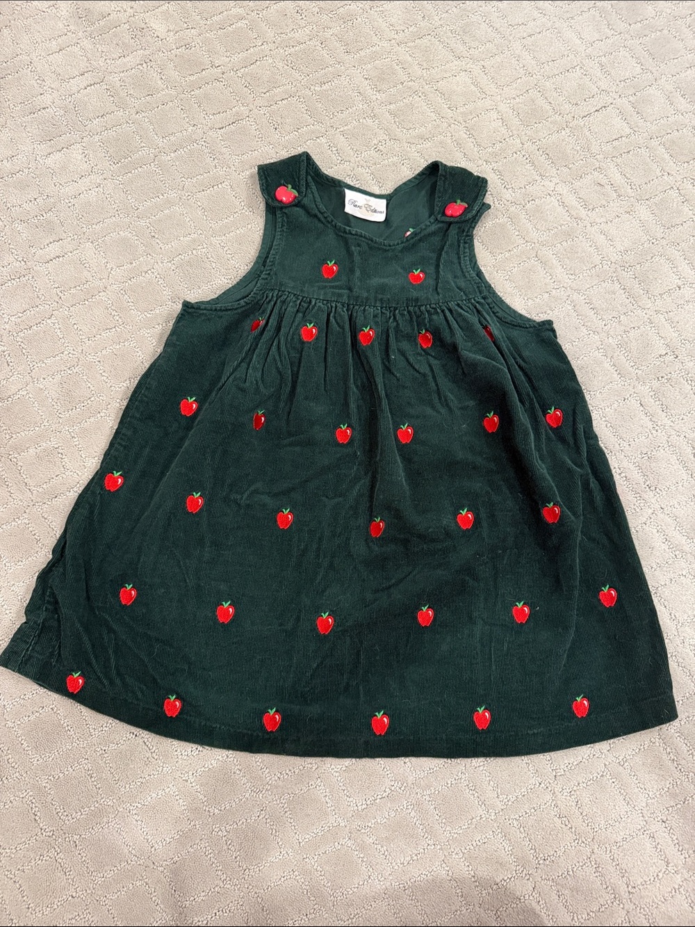 Girls Green Corduroy Dress with Red Apple Embroidery